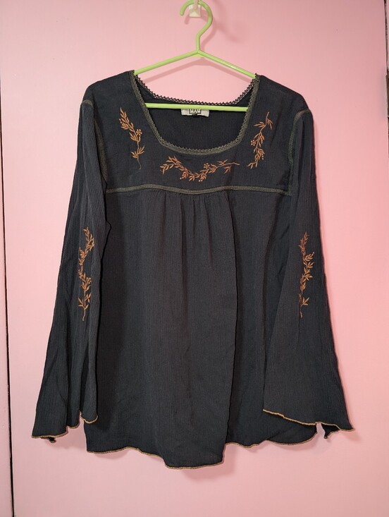 MXM Tops - Black Boho Embroidered Peasant Blouse